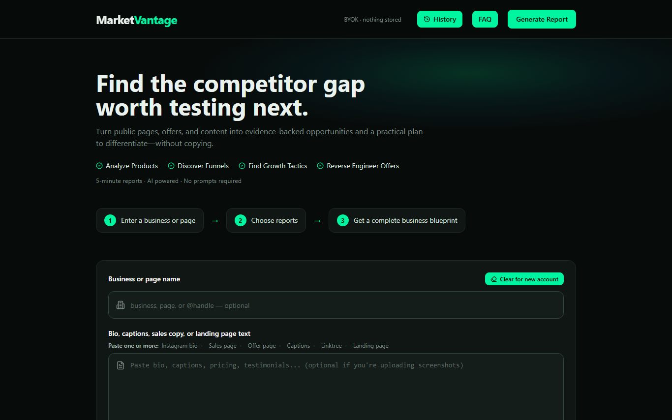 MarketVantage AI competitor analysis app homepage